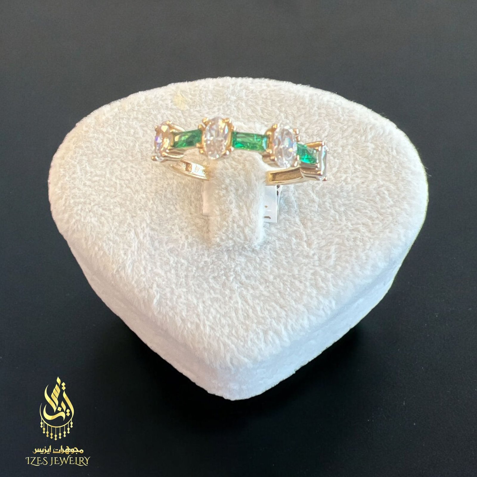 14K Gold Ring with Green and White Stones - Image 3