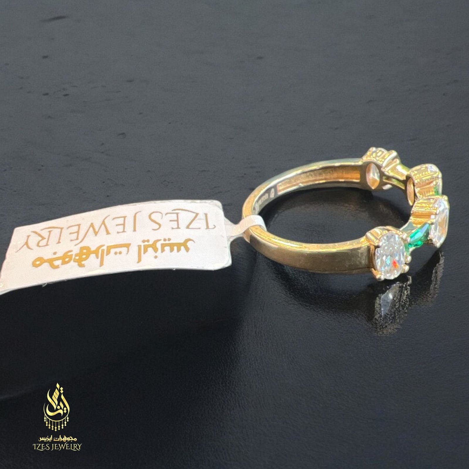 14K Gold Ring with Green and White Stones - Image 4