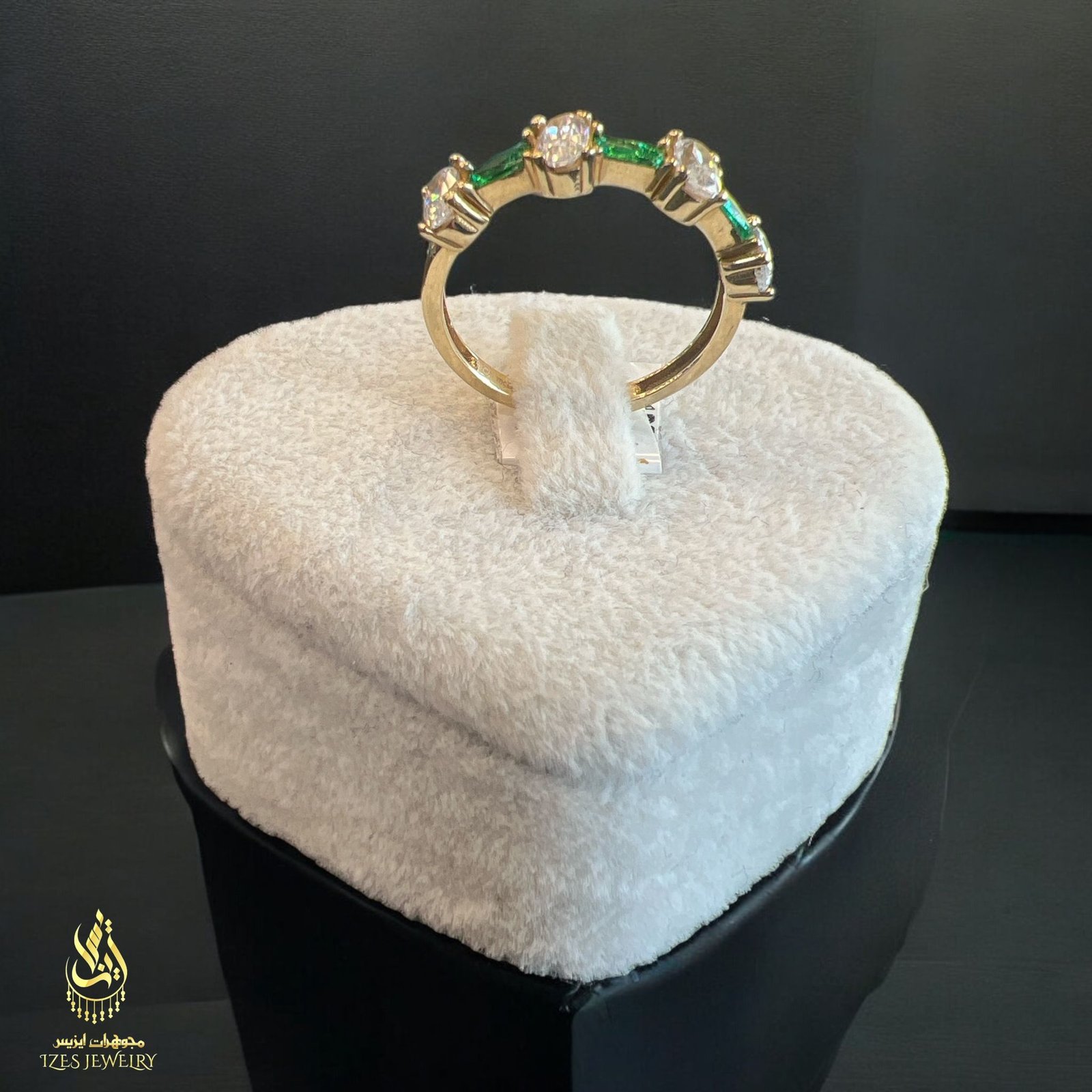 14K Gold Ring with Green and White Stones - Image 7