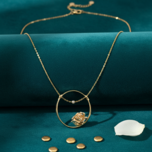 14K Yellow Gold Rose Flower Necklace Delicate Circle Pendant 42cm Chain Fine Jewelry