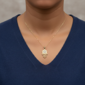 Refined 14K Yellow Gold Hamsa Pendant Charm Zircon Stones Filigree Protection Gift