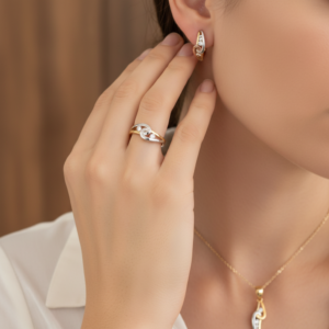 14K Tri-Color Gold Zircon Jewelry Set | Ring Earrings Pendant | Artistic Women's Gift