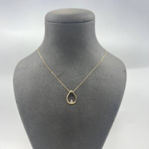 New 14K Solid Gold Necklace – Italian Teardrop Pendant with White Gemstone 1.7g