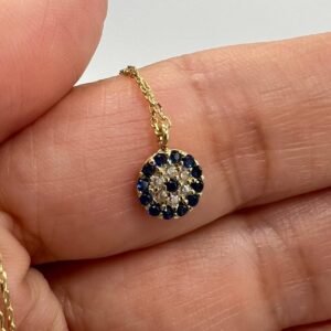 New 14K Solid Gold Necklace Italian Round Pendant with Blue White Gemstones 1.4g