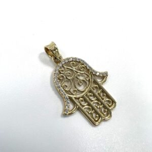 14K Solid Gold Hamsa Hand Pendant  With White Zircon Italy Gift for Her 1.9g