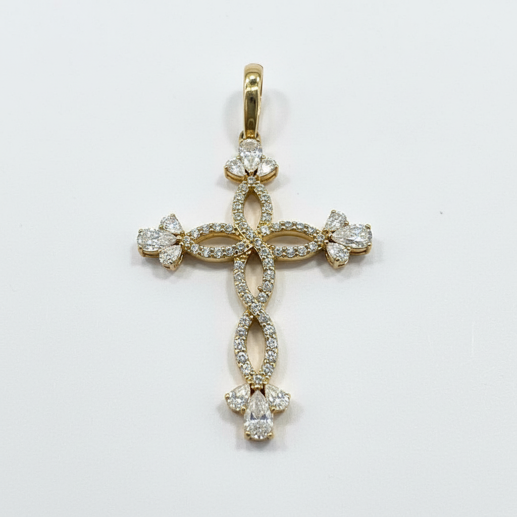 14K Yellow Gold Interlaced Cross Pendant Pear Marquise Cut Stones Charm New - Image 2