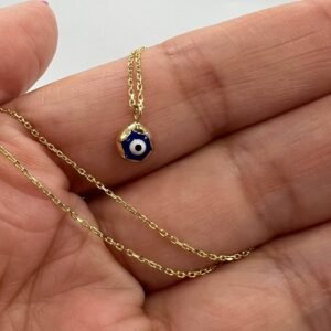 New Elegant 14K Solid Gold Necklace – Italian Evil Eye Blue Enamel Pendant 1.6g