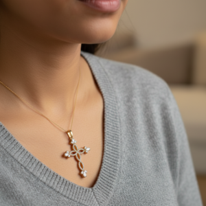 14K Yellow Gold Interlaced Cross Pendant Pear Marquise Cut Stones Charm New