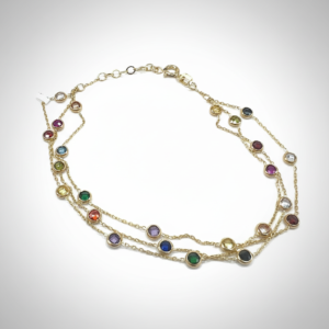 14K Yellow Gold Triple Layer Multicolor Zircon Gemstone Necklace Women's Adjusta