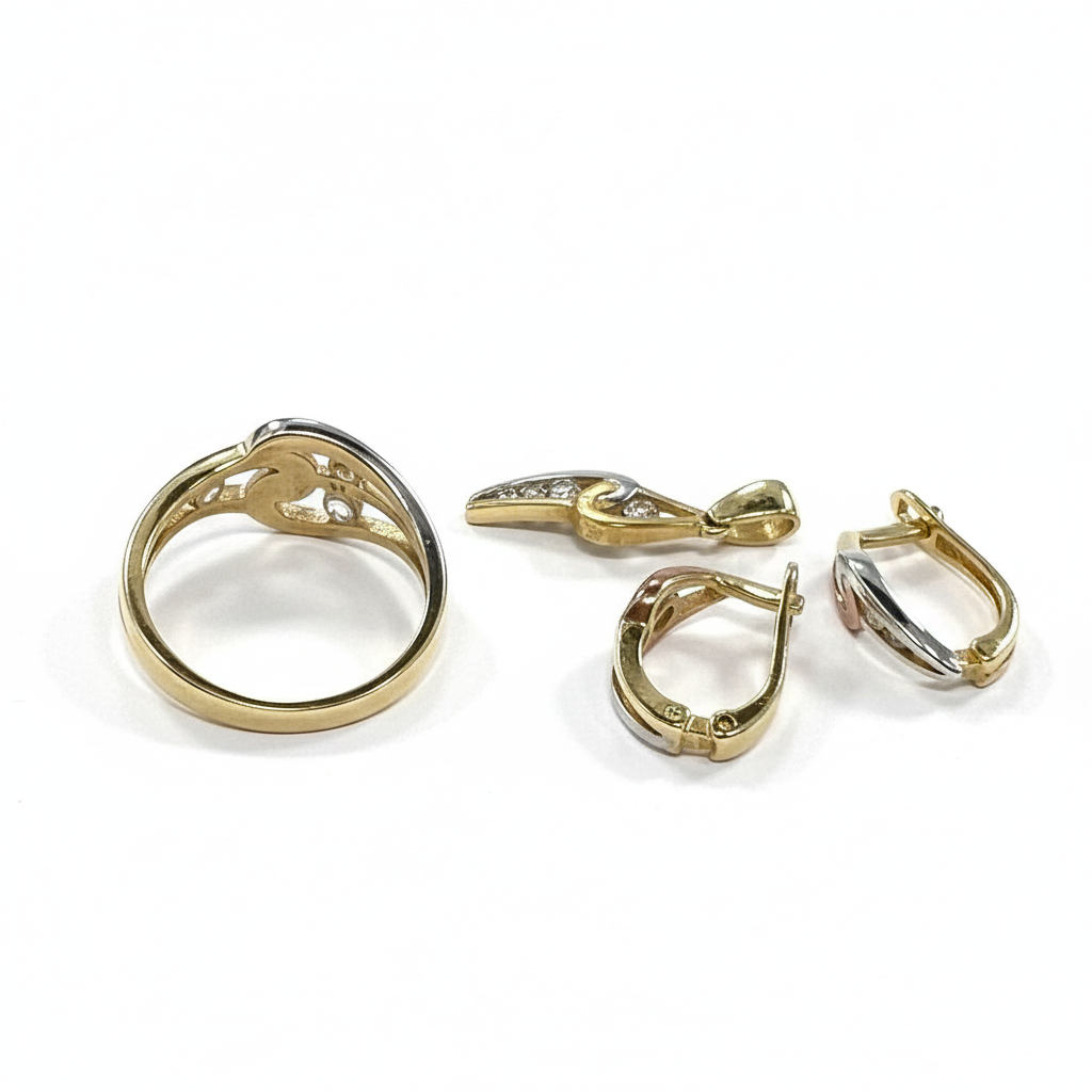 14K Tri-Color Gold Zircon Jewelry Set | Ring Earrings Pendant | Artistic Women's Gift - Image 5