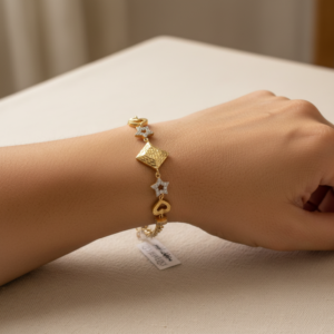 14K Yellow Gold Bracelet Hearts Stars Diamond Cut Zircon Adjustable Women's Gift