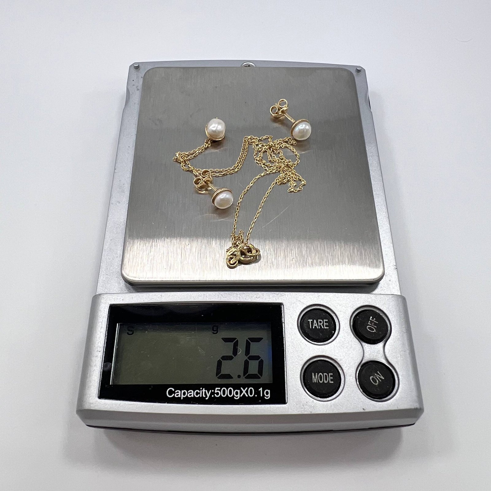 14K Gold Pearl Chain Necklace Stud Earrings Set Women’s Jewelry Gift Italy 2.6g - Image 5