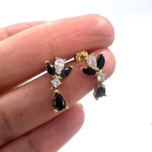 New Chic 14K yellow gold earrings with black & white zircon, elegant and unique