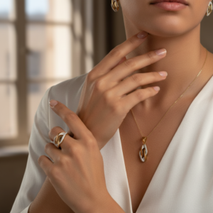 14K Yellow Gold Zircon Twisted Wave Jewelry Set Ring Earrings Pendant Women Fine