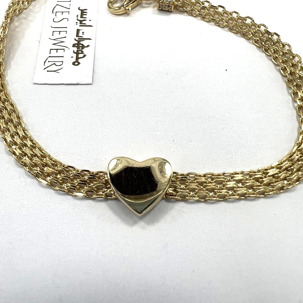 Timeless 14K Yellow Gold Heart Charm Bracelet Triple Layer Chain Women's Fine Jewelry Gift - Image 5