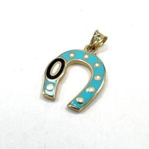14K Yellow Gold Horseshoe Pendant Elegant Blue Accented Design for Luck & Style