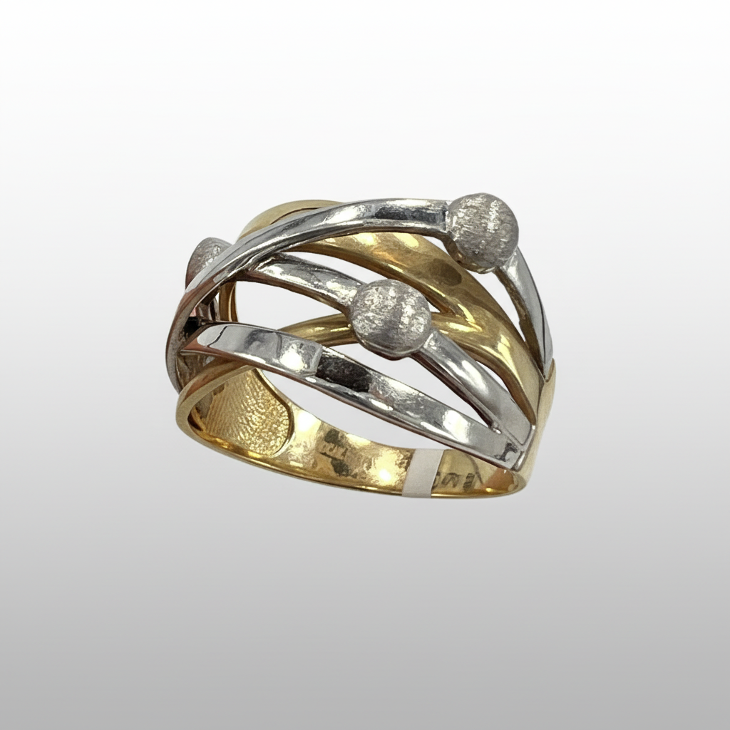 14K Gold Two Tone Crossover Ring Hammered Textured Yellow White Gold Women's Ban - Image 3