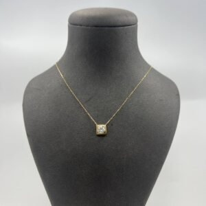 New Elegant 14K Solid Gold Necklace Italy Square Bezel CZ Pendant 1.8g, 21.5cm