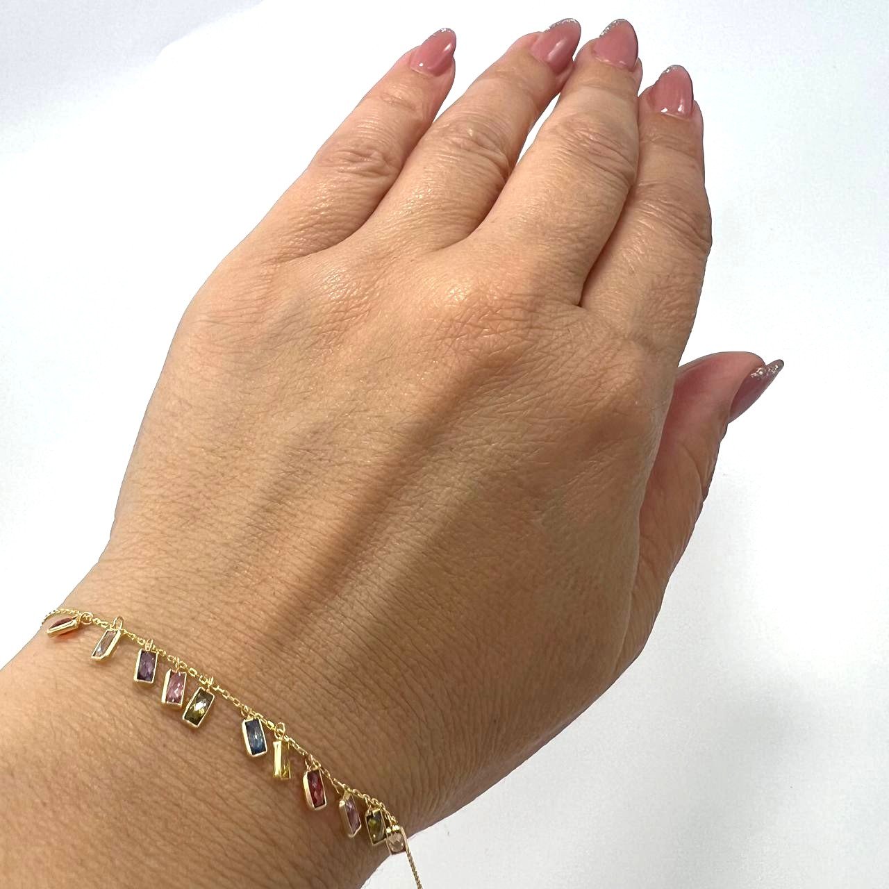 Elegant 14K gold bracelet adorned with vibrant multicolored rectangular stones - Image 5