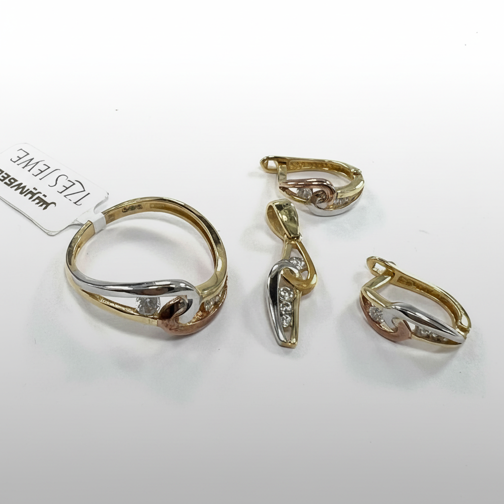 14K Tri-Color Gold Zircon Jewelry Set | Ring Earrings Pendant | Artistic Women's Gift - Image 6