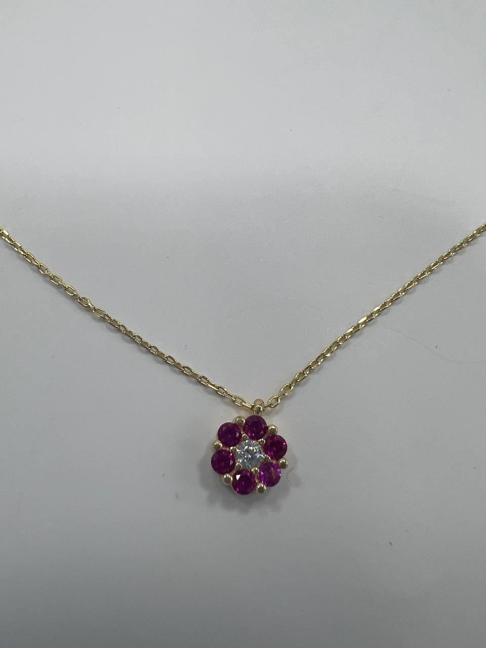 New Elegant 14K Solid Gold Necklace with Ruby & Diamond Flower Pendant – 2.3g - Image 2