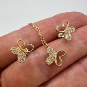 New 14K Solid Gold Butterfly Necklace Earrings Set with Stones Italy Gift 2.9g