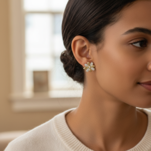 14K Yellow Gold Flower Zircon Earrings Sparkling Elegant Feminine Radiant Gift