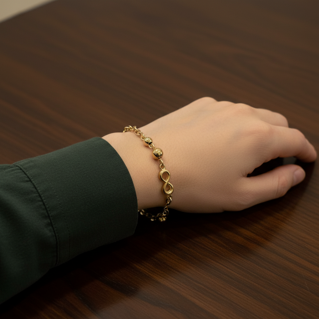 14K Yellow Gold Infinity Bracelet - Beaded Chain Delicate Everyday Fine Jewelry IZES