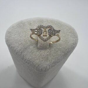 New 14K Solid Gold Ring 1.6g – Heart with Wings and Stones, Made in Italy