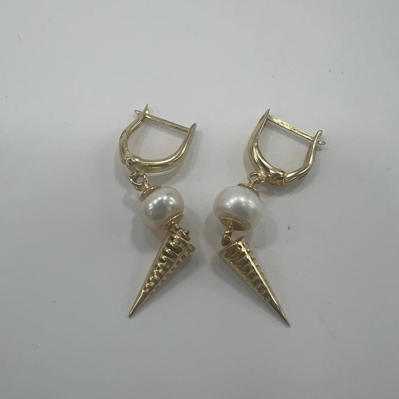 New 14K Solid Gold Earrings with Natural Pearls & Cone Drops 3.3g Italy - Image 3