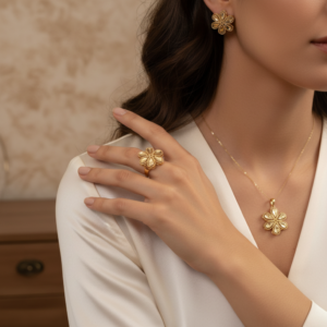 Izes Jewelry 14K Yellow Gold Floral Petal Set Ring Earrings Pendant Gift