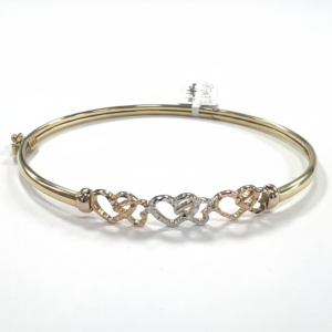 14K Solid Gold Tri-Color Interlocking Hearts Bangle Bracelet Diamond Cut Women's Gift
