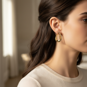 14K Yellow Gold Drop Dangle Earrings Zircon Accented Curved Womens Fine Jewelry