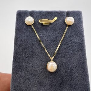 14K Gold Pearl Chain Necklace Stud Earrings Set Women’s Jewelry Gift Italy 2.6g