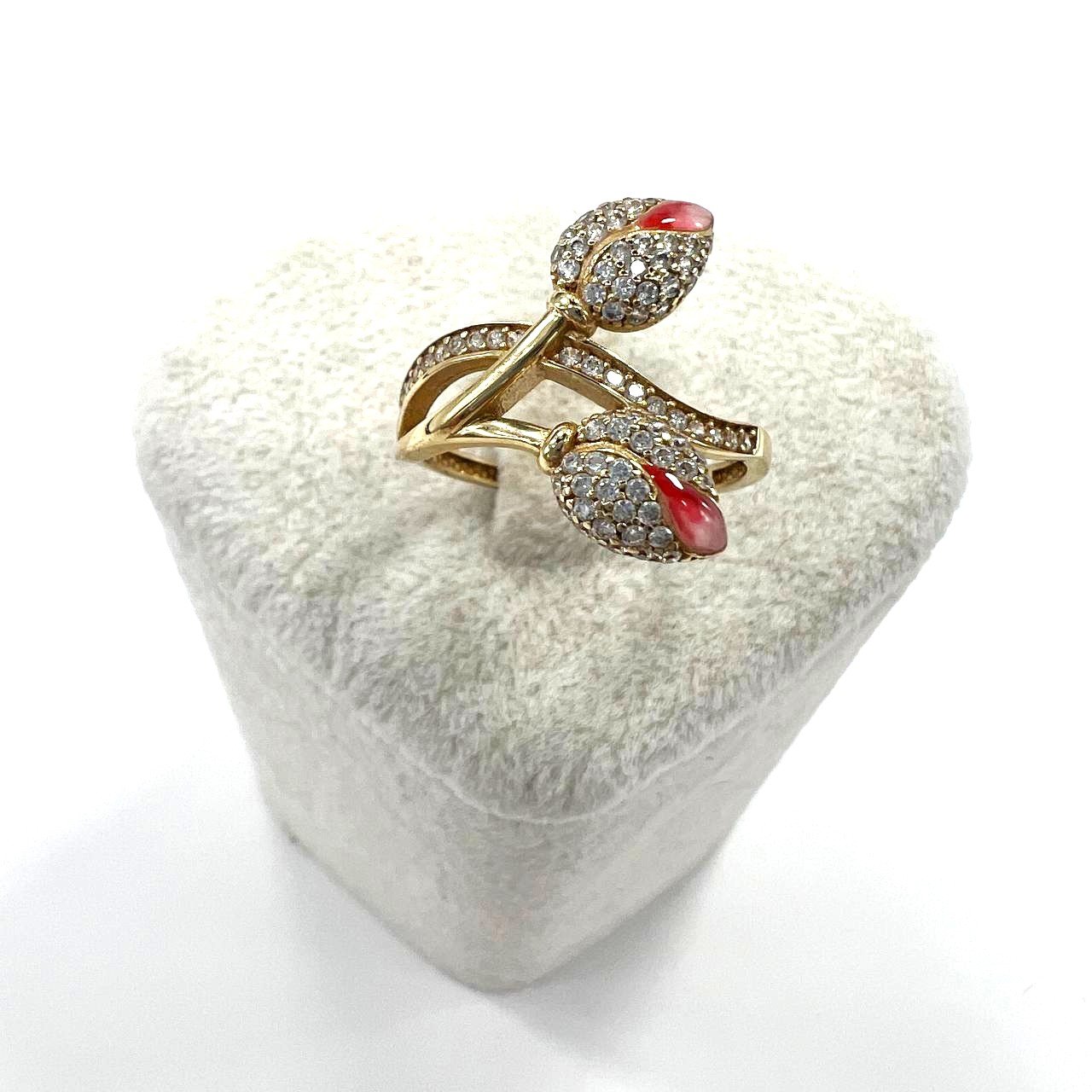 14K yellow gold ring with twin lilies, accented with delicate zircon stones - Image 2