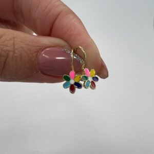 New 14K Solid Gold Flower Earrings Enamel Multi-Color Design 1.1g Made in Italy