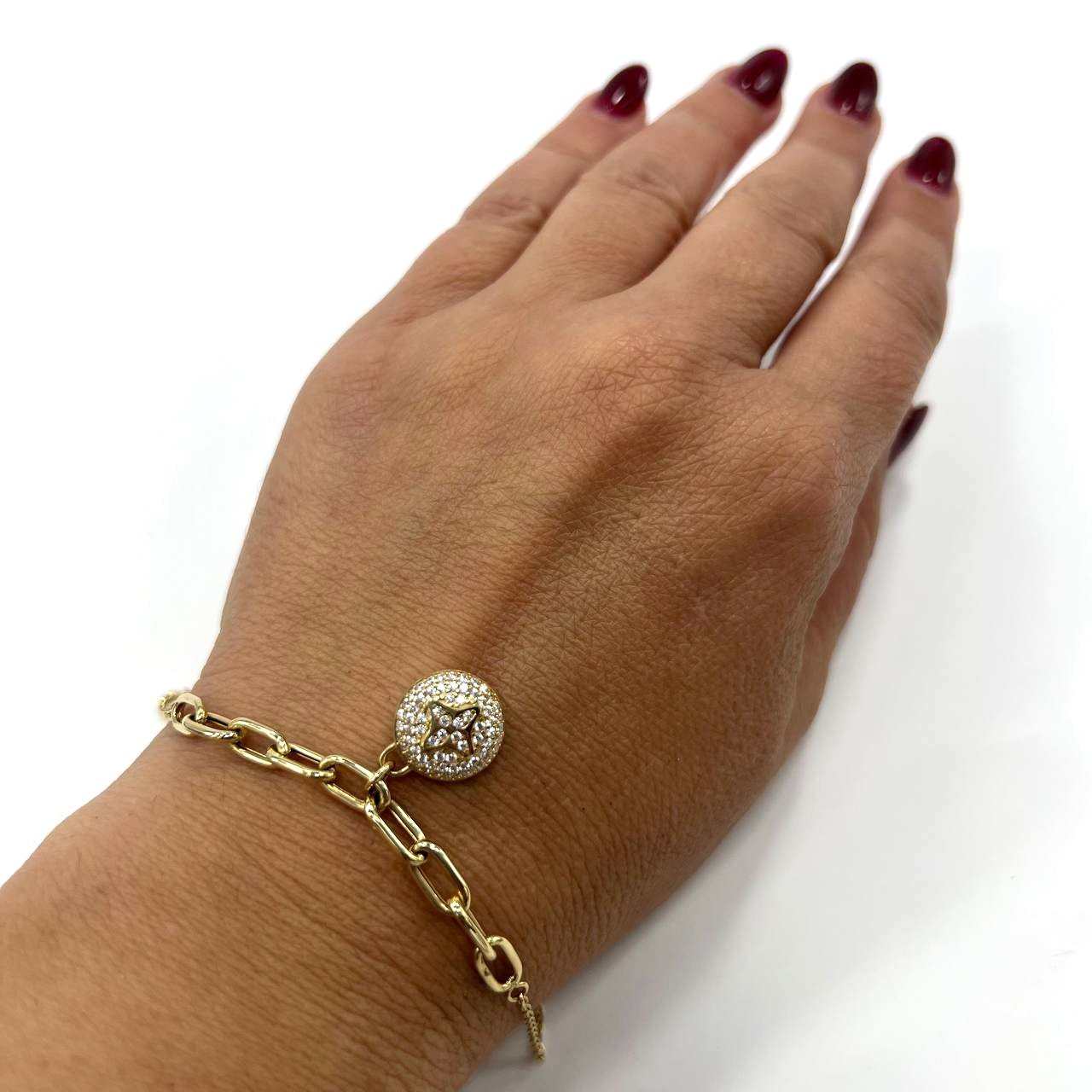 Beautiful 14K yellow gold bracelet with a chain & zircon decorated circle charm - Image 3