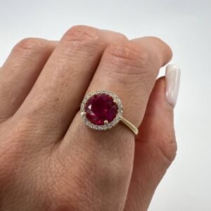 New 14K Solid Gold Ring Women’s Jewelry Red Gemstone Halo CZ Italy Gift Size 7