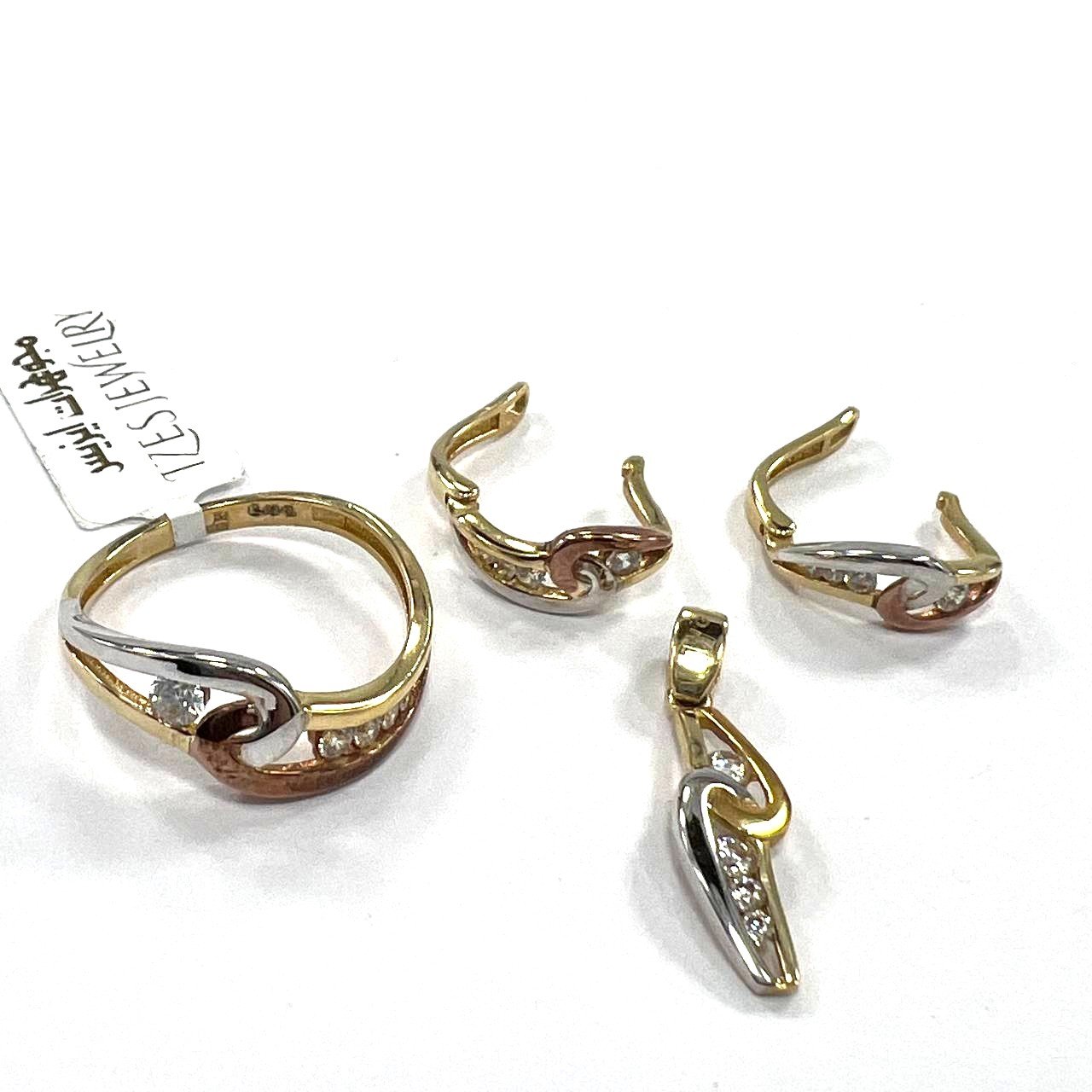 14K Tri-Color Gold Zircon Jewelry Set | Ring Earrings Pendant | Artistic Women's Gift - Image 7