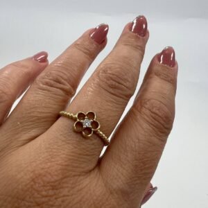 New 14K Solid Gold Flower Ring with Diamond Accent – Elegant Italian Design 1.7g