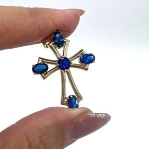 14K yellow gold cross pendant with Sapphire blue side stones, elegant & refined