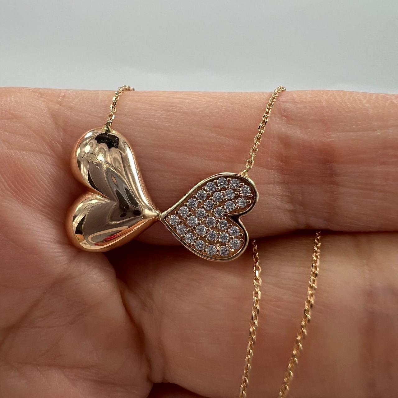 New Elegant 14K Solid Gold Italian Necklace – Double Heart Pendant with CZ 3.3g - Image 3