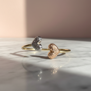 14K Solid Gold Open Cuff Bracelet Tri-Color Heart Diamond Cut Bangle Fine Jewelry