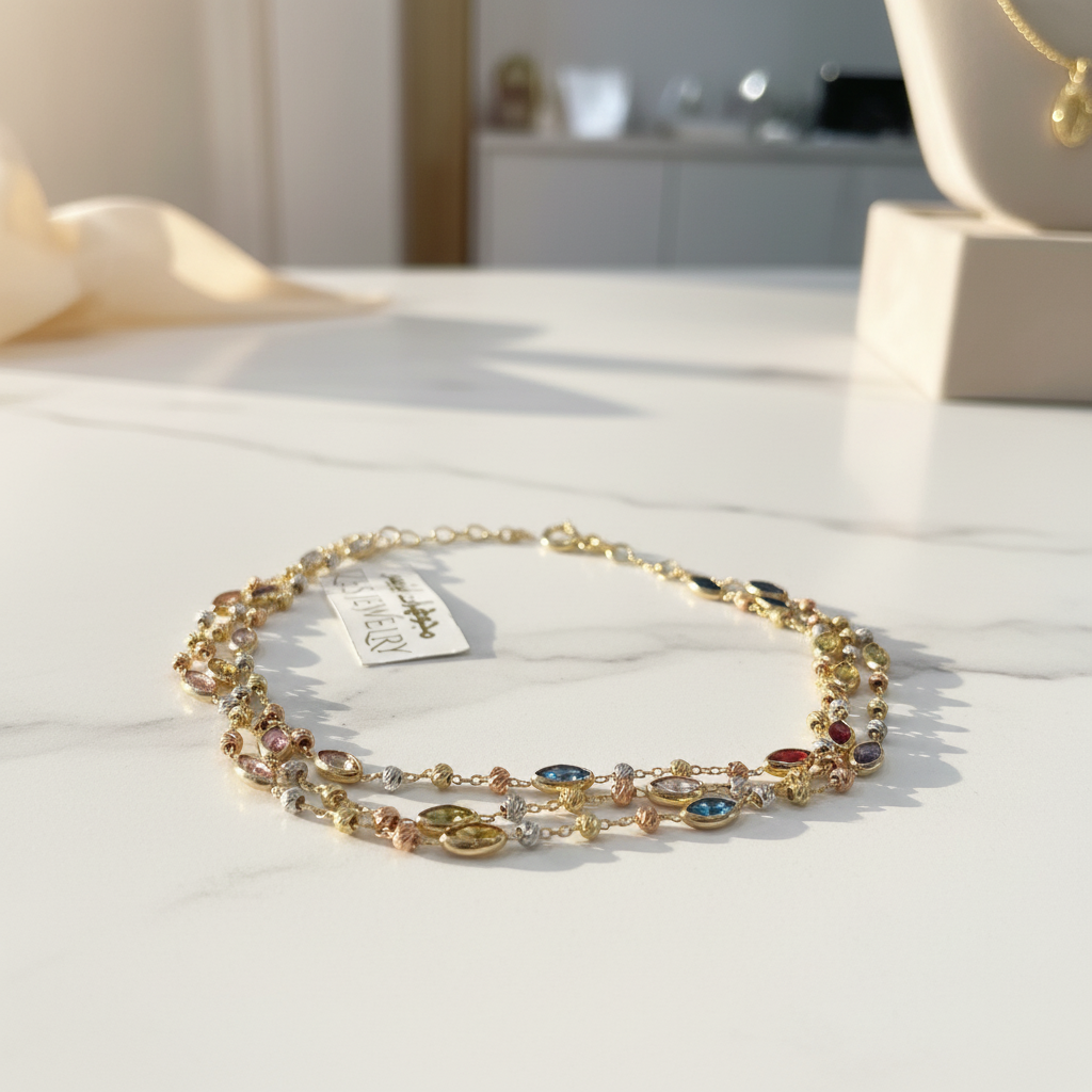 14K Tricolor Gold Layered Zircon Marquise Gemstone Necklace Adjustable - Image 2