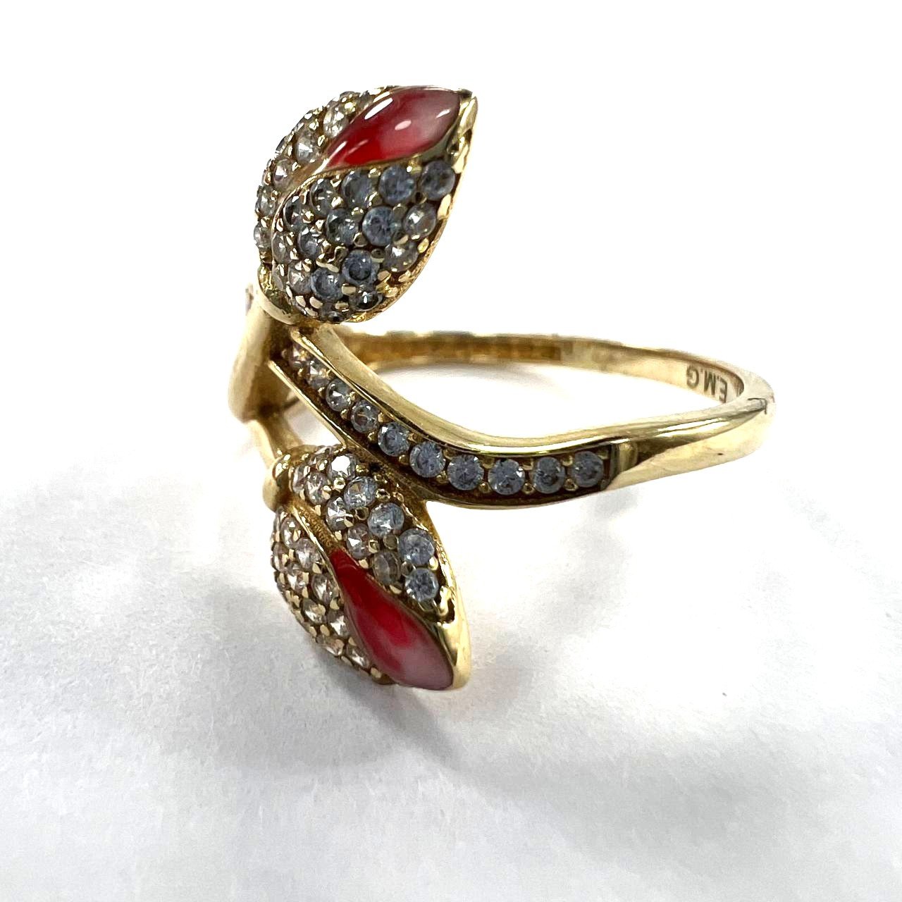 14K yellow gold ring with twin lilies, accented with delicate zircon stones - Image 5