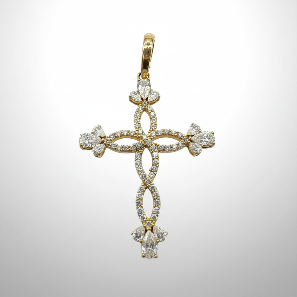 14K Yellow Gold Interlaced Cross Pendant Pear Marquise Cut Stones Charm New - Image 6