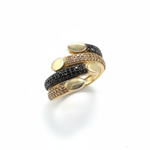 14K Solid Yellow Gold Modern Spiral Wrap Ring Black CZ & Natural Topaz Pave