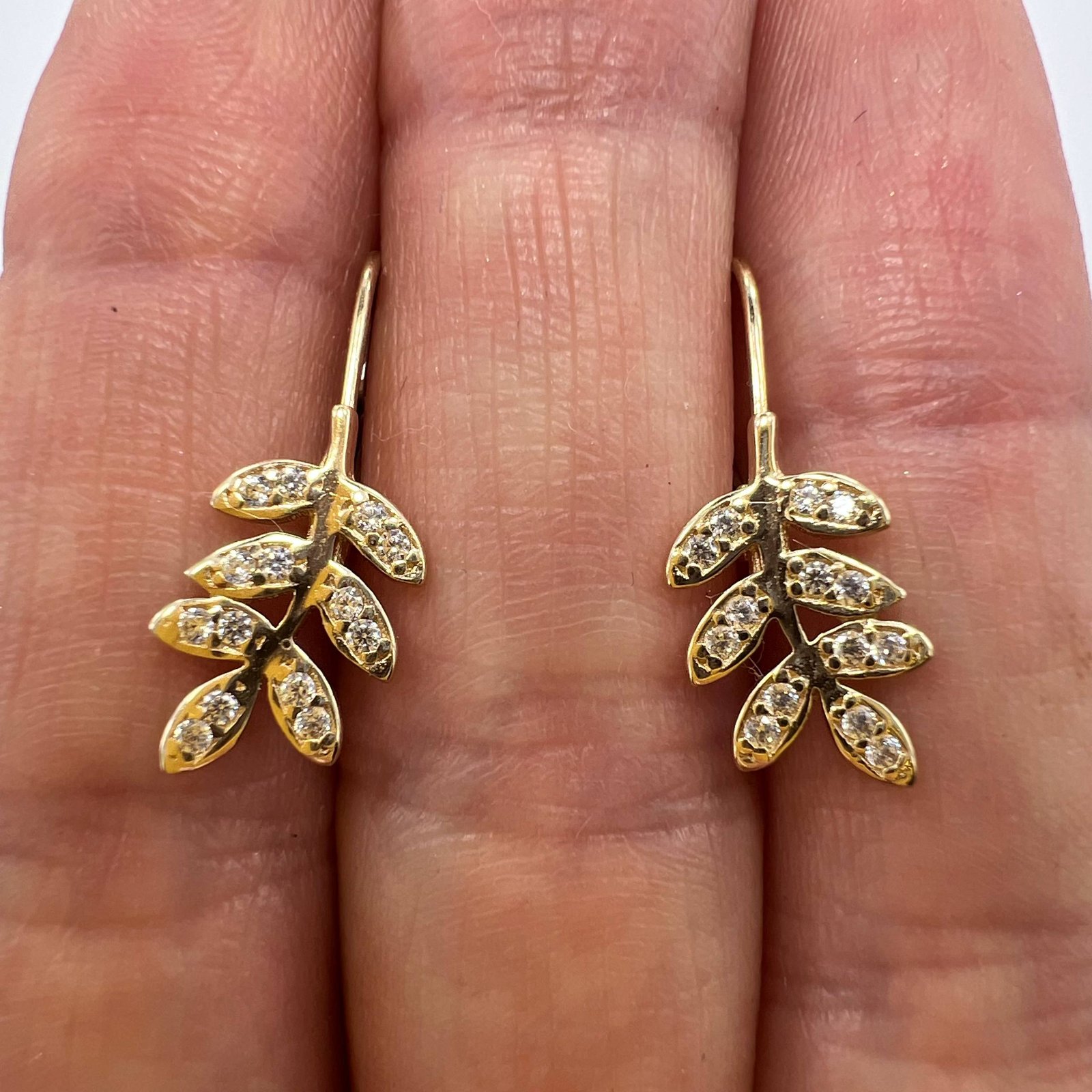 14K Solid Gold Leaf Branch Earrings with CZ Stones Elegant Jewelry Gift Italy 2g - Image 2