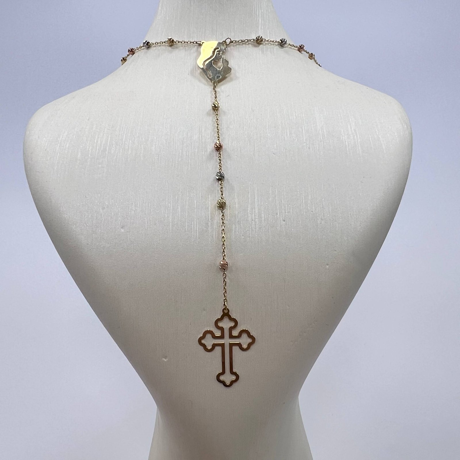 14K Gold Rosary Beads Necklace Misbaha Christian Cross Virgin Mary Italy 4.6g - Image 2