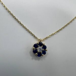 New Elegant 14K Solid Gold Necklace  Blue Sapphire & White CZ Flower Pendant 2.3